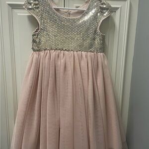 Pippa and Julie Blush Pink Girls Dress with Gold and Silver Sequins